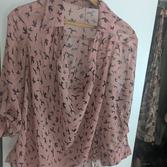 Modcloth Edgar Allan Poetess cowl neck sheer chiffon ravens blouse L - Picture 3 of 3